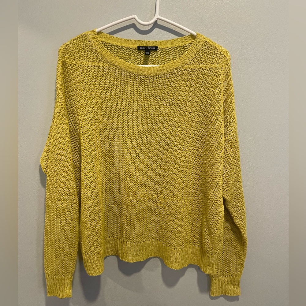 Eileen Fisher Yellow Knit Crochet Sweater Top Open Weave Womens Size Medium